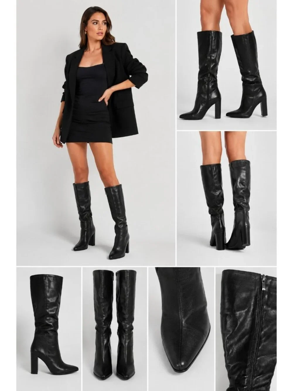 BLACK FAUX LEATHER KNEE-HIGH DRESS BOOTS w/BLOCK HEELS, SIDE ZIPPERS - 9